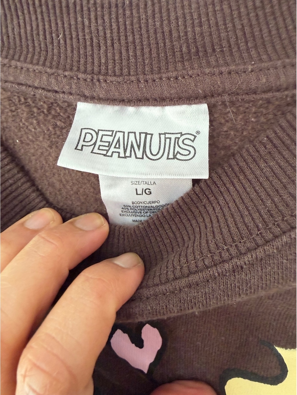 Peanuts by Schulz Brown Crewneck Sweatshirt with Snoopy and Woodstock Heartprint - Picture 3 of 7